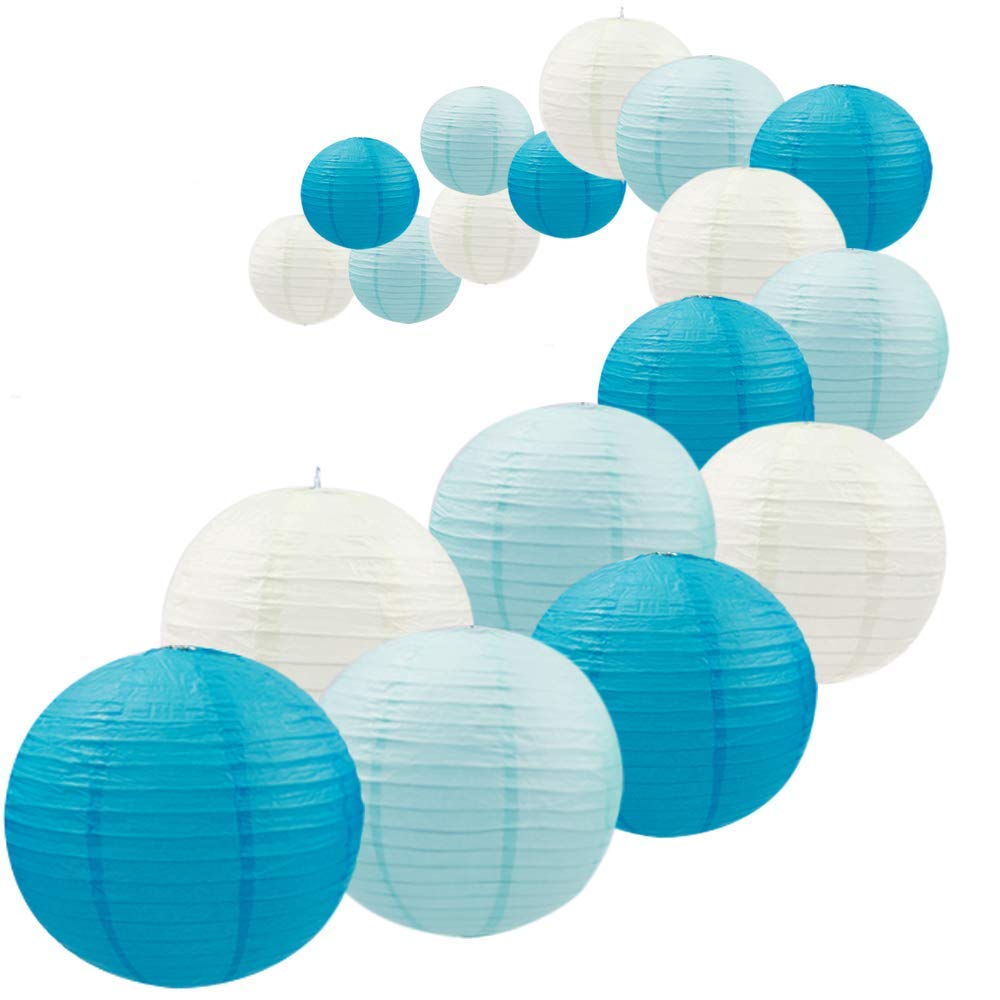 UNIQOOO Paper Lantern Decoration Set, 18PCS Ocean Blue, Assorted Sizes, Easy Assemble for Weddings, Baby Showers, Birthdays