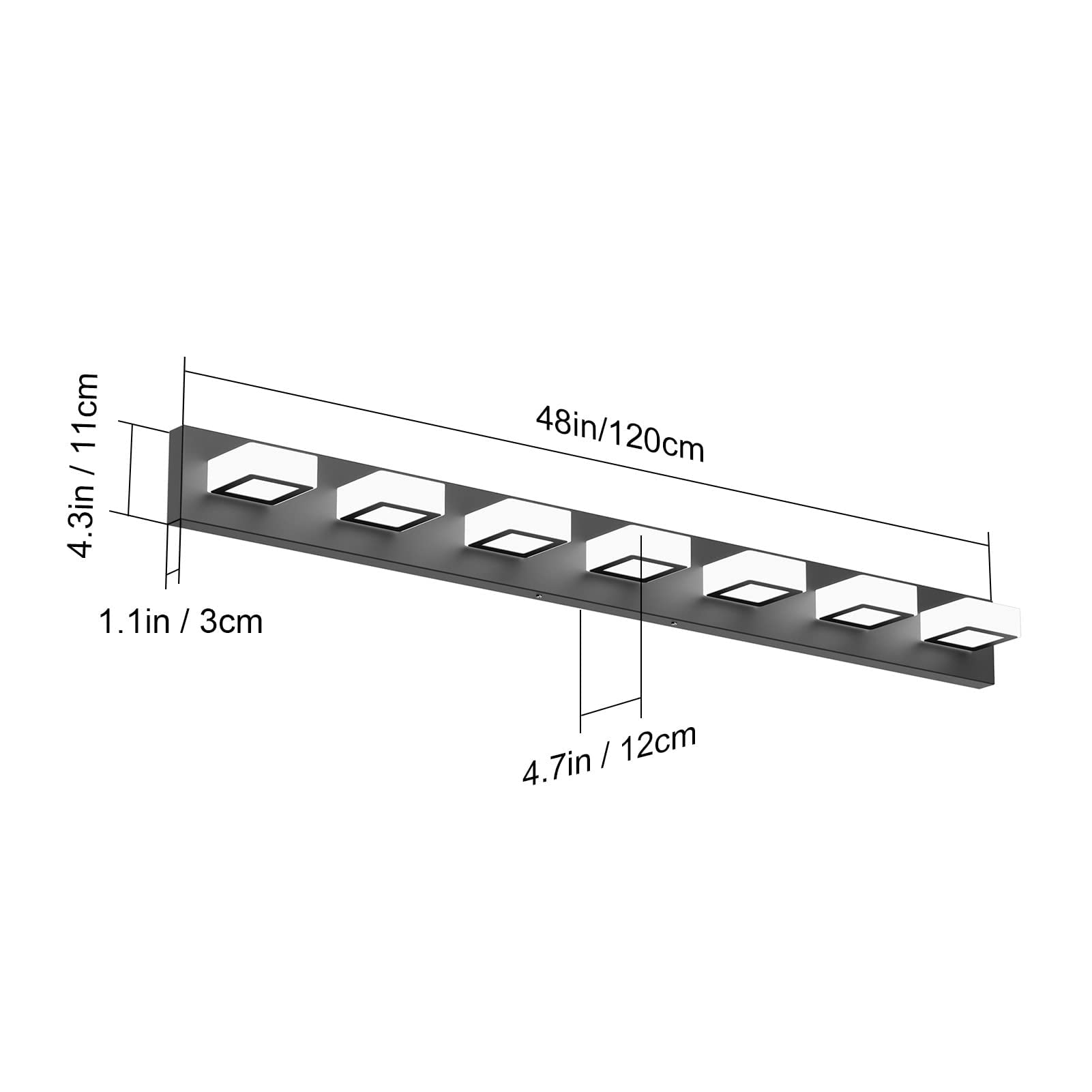 Ralbay 48" LED Black Vanity Light Fixture, 7-Light Metal Acrylic, Modern Bathroom Wall Lighting, Model 8590, Cool White
