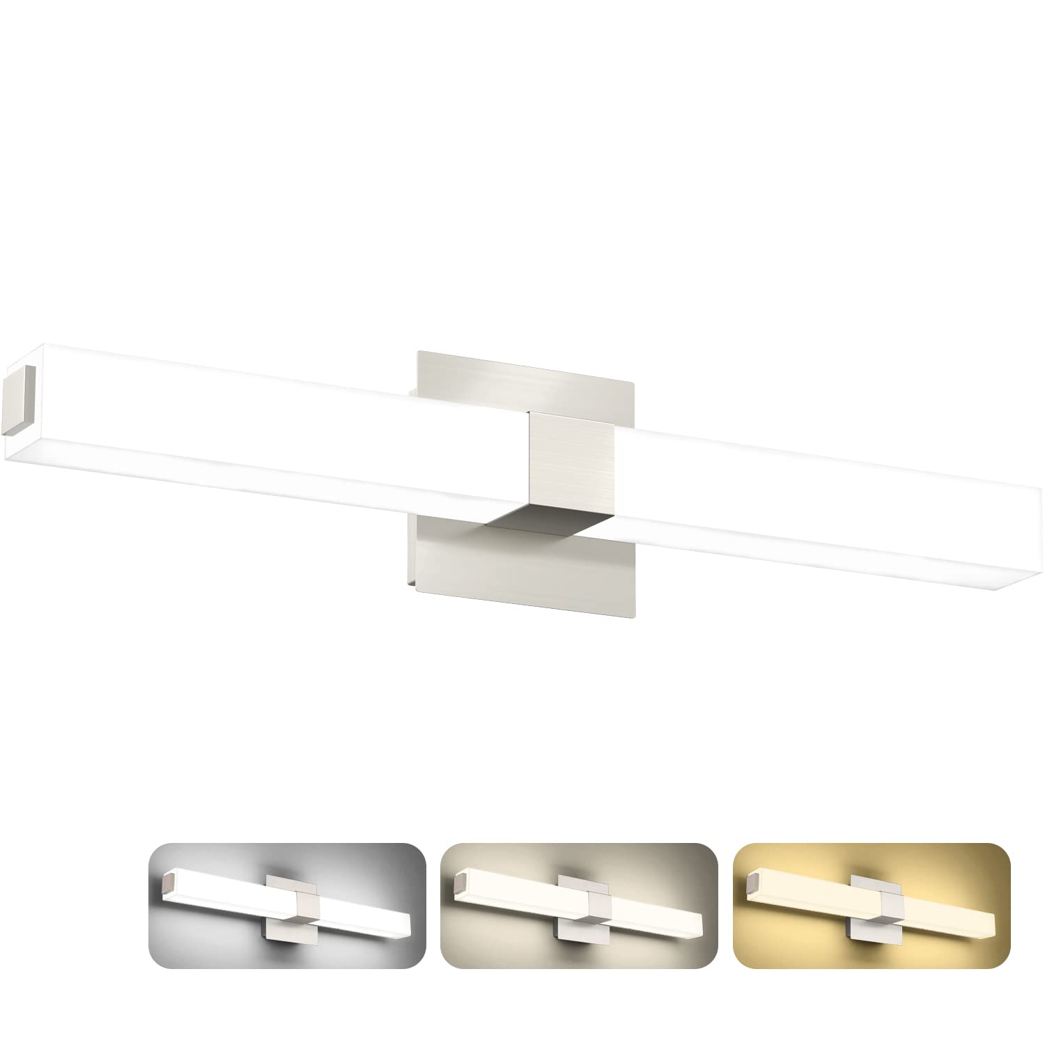 ZUZITO 24in Bathroom Vanity Light, 18W Dimmable LED, Brushed Nickel, 3CCT Selectable, Model S16001-613mm-3C