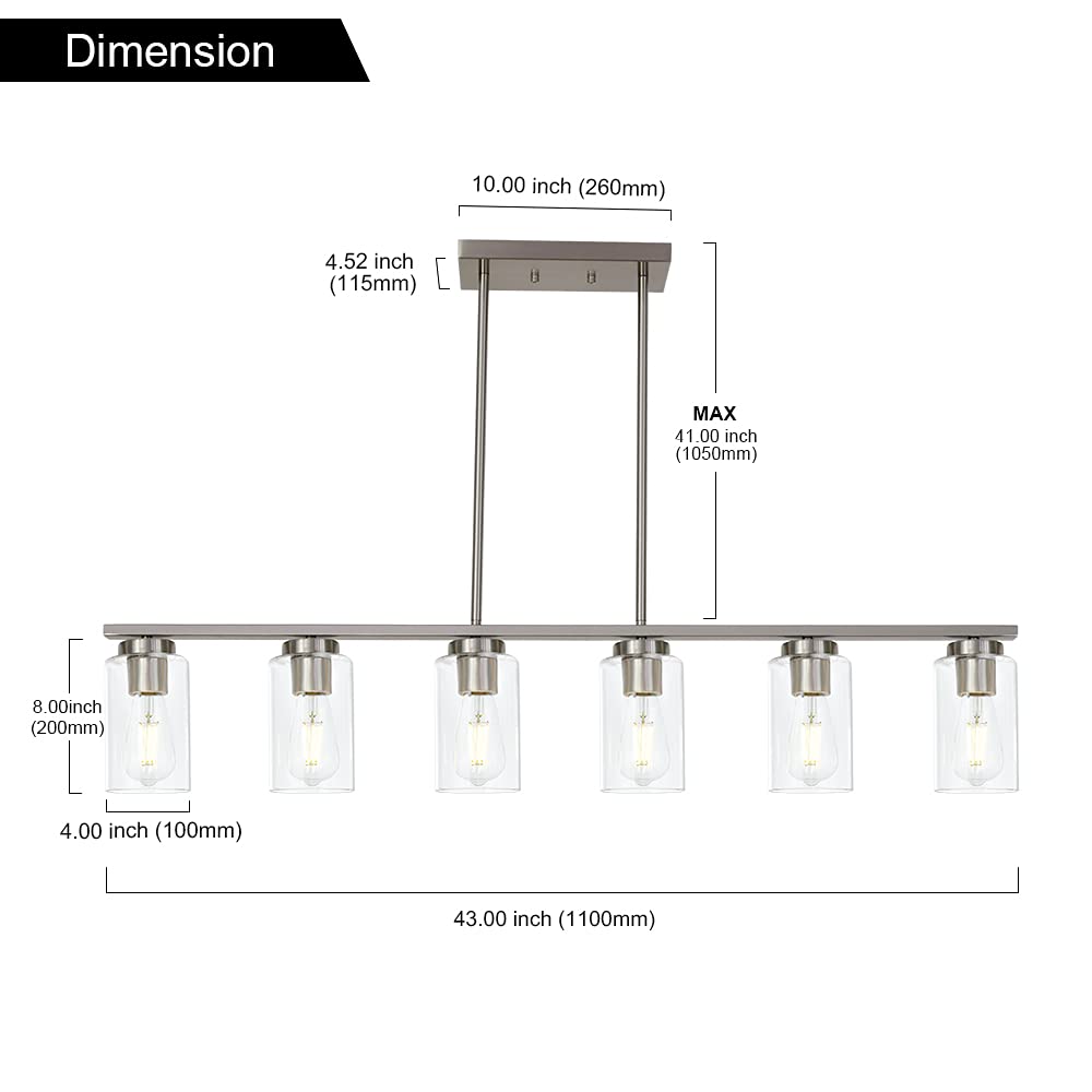 TODOLUZ 6-Light Pendant Light Fixture, Modern Brushed Nickel with Clear Glass Shades for Kitchen Island or Dining Room