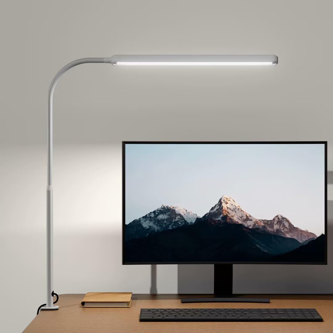 SUPERDANNY Eye-Caring LED Desk Lamp, 360° Flexible Gooseneck, Touch Control, Clamp Mount, Aluminum, White, Model SDDL04