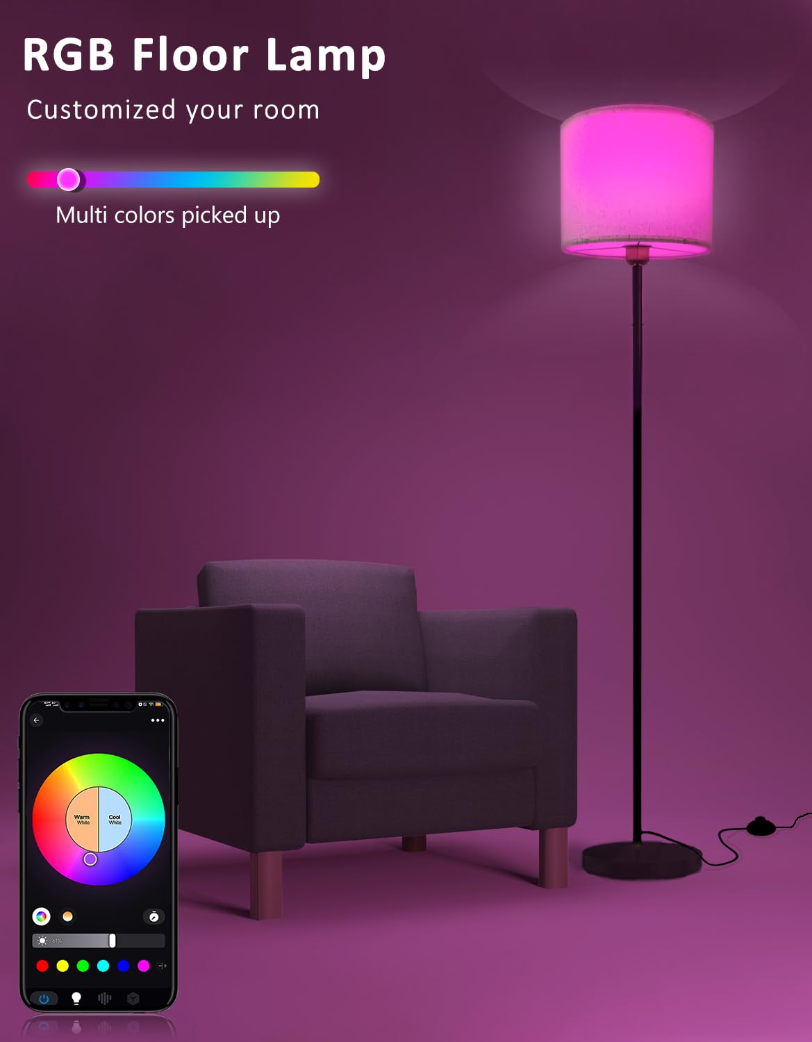 Yhw Smart Floor Lamp - White Linen Shade, Led, Color Changing, Alexa & Google Compatible