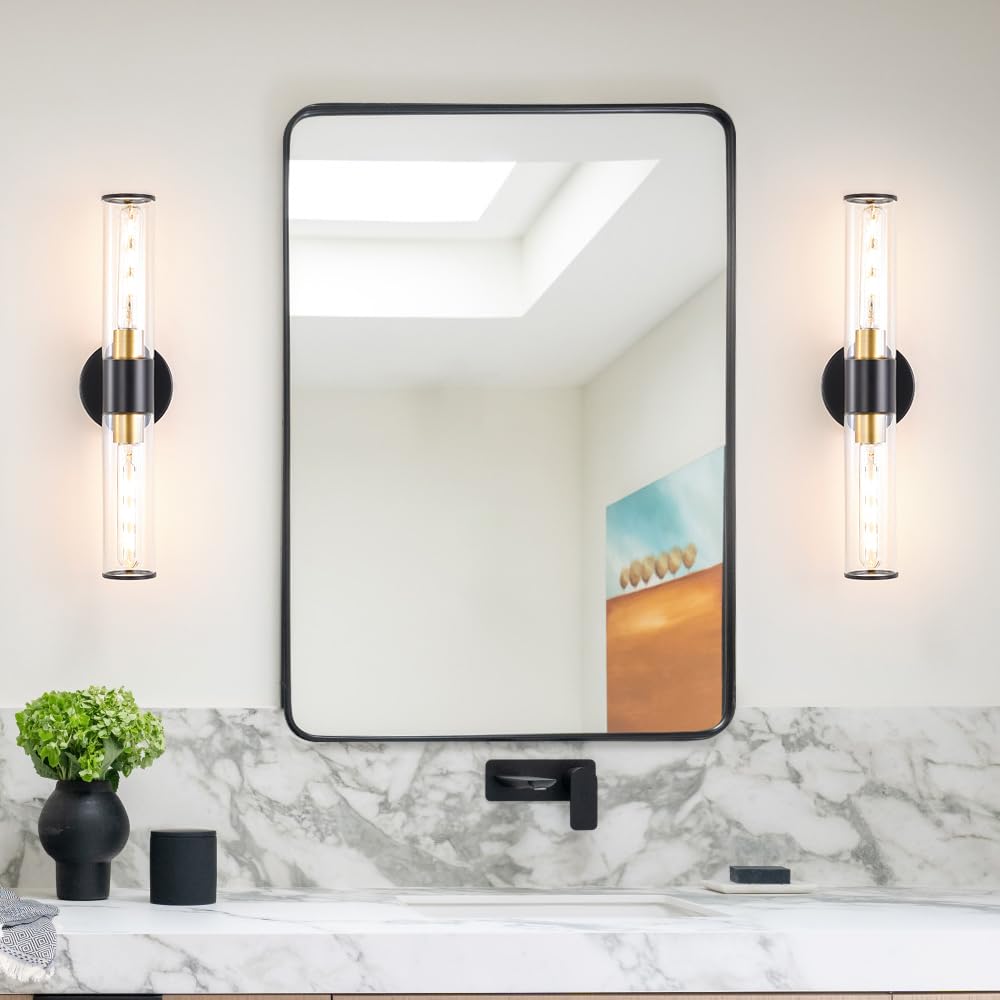 Black And Gold Bathroom Wall Sconces, Hardwired Sconce Wall Decor Set Of 2, Modern Wall Sconce With Clear Glass, Bathroom Sconce