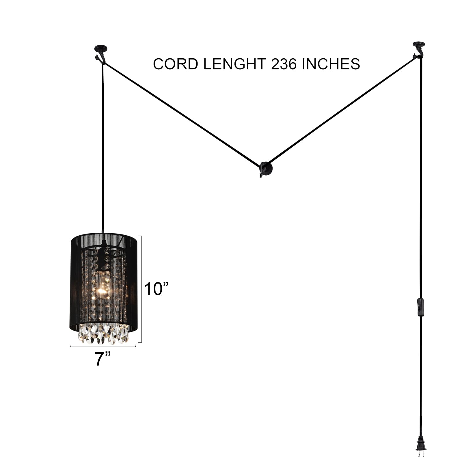 LaLuLa Hanging Lamp, Black Cotton Chandelier, 1-Light Pendant Light, 7in Size, Model P17168PK-P