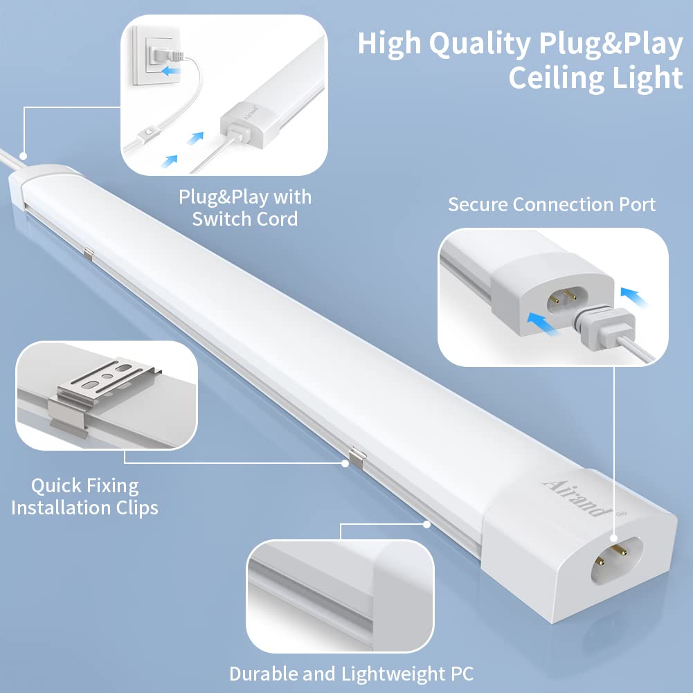 Airand LED Ceiling Light Fixture, 5000K, IP66 Waterproof, 2FT, Cool White, Model 1100 for Bathroom, Kitchen, and Office