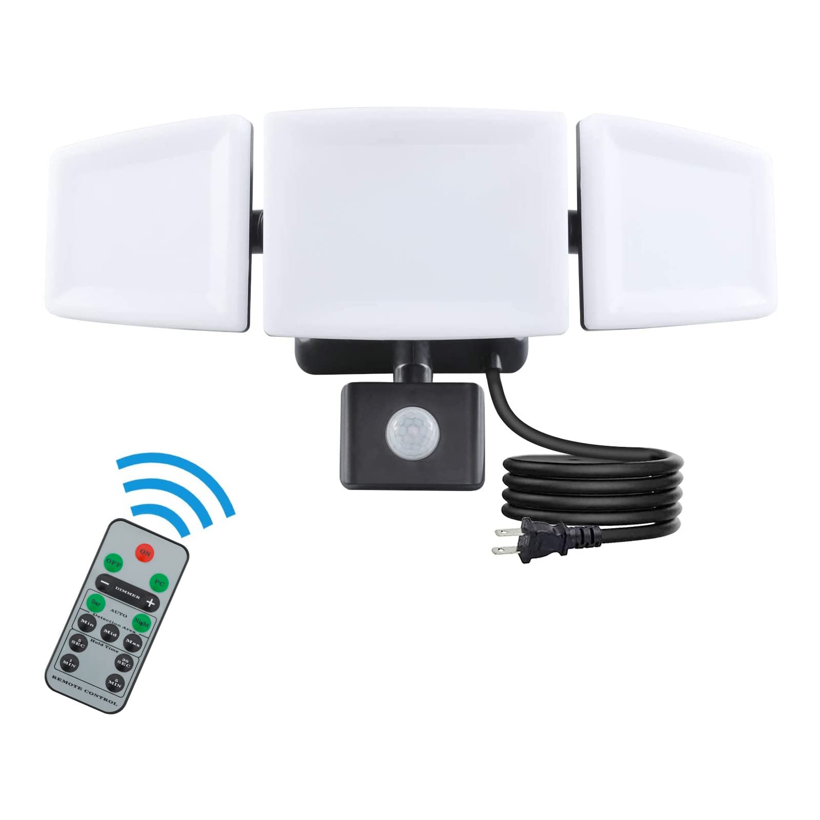 Ganiude 35W Plug in Flood Light Outdoor, Motion Sensor Plug in LED Security Light with Remote Control, Dusk to Dawn, 3 Head, 350