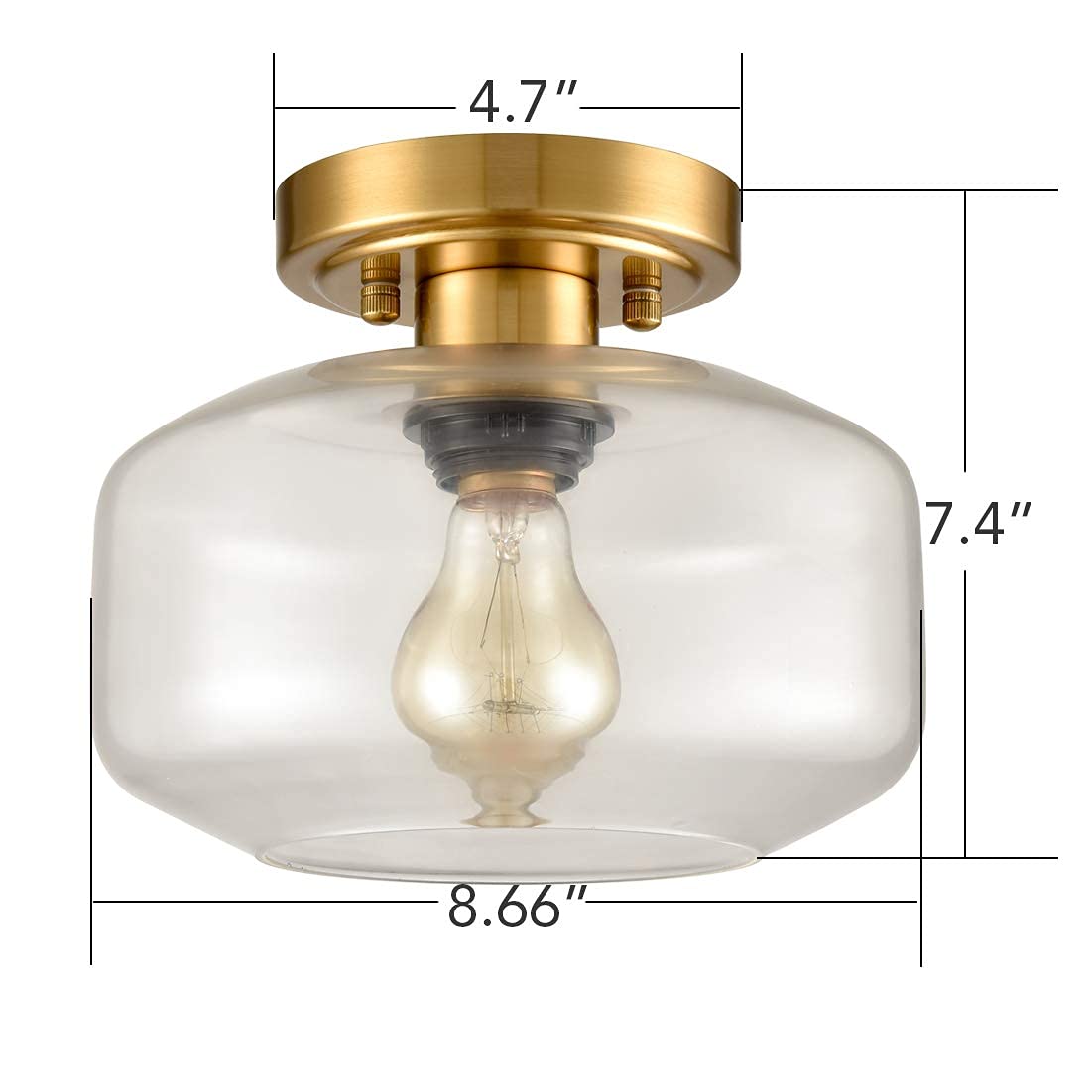 JEENKAE Modern Semi Flush Mount Ceiling Light, 1-Light, Glass, Brass, Model B7153CU-J