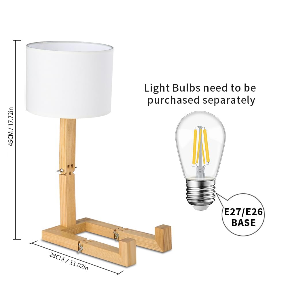 MUMENG Robot Desk Lamp Set of 2, Adjustable Wooden Bedside Lamp, White Lampshade, Model TB-QBT005-WHM2