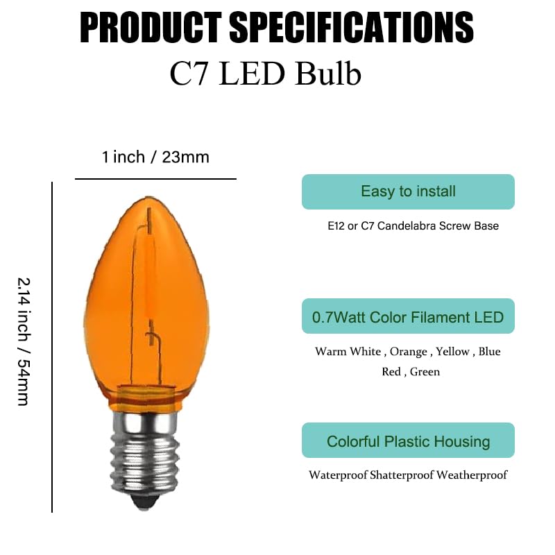 Venusop 2 Pack C7 Orange Led Replacement Christmas Light Bulbs,E12 Candelabra Base, Shatterproof Plastic, For Christmas Outdoor