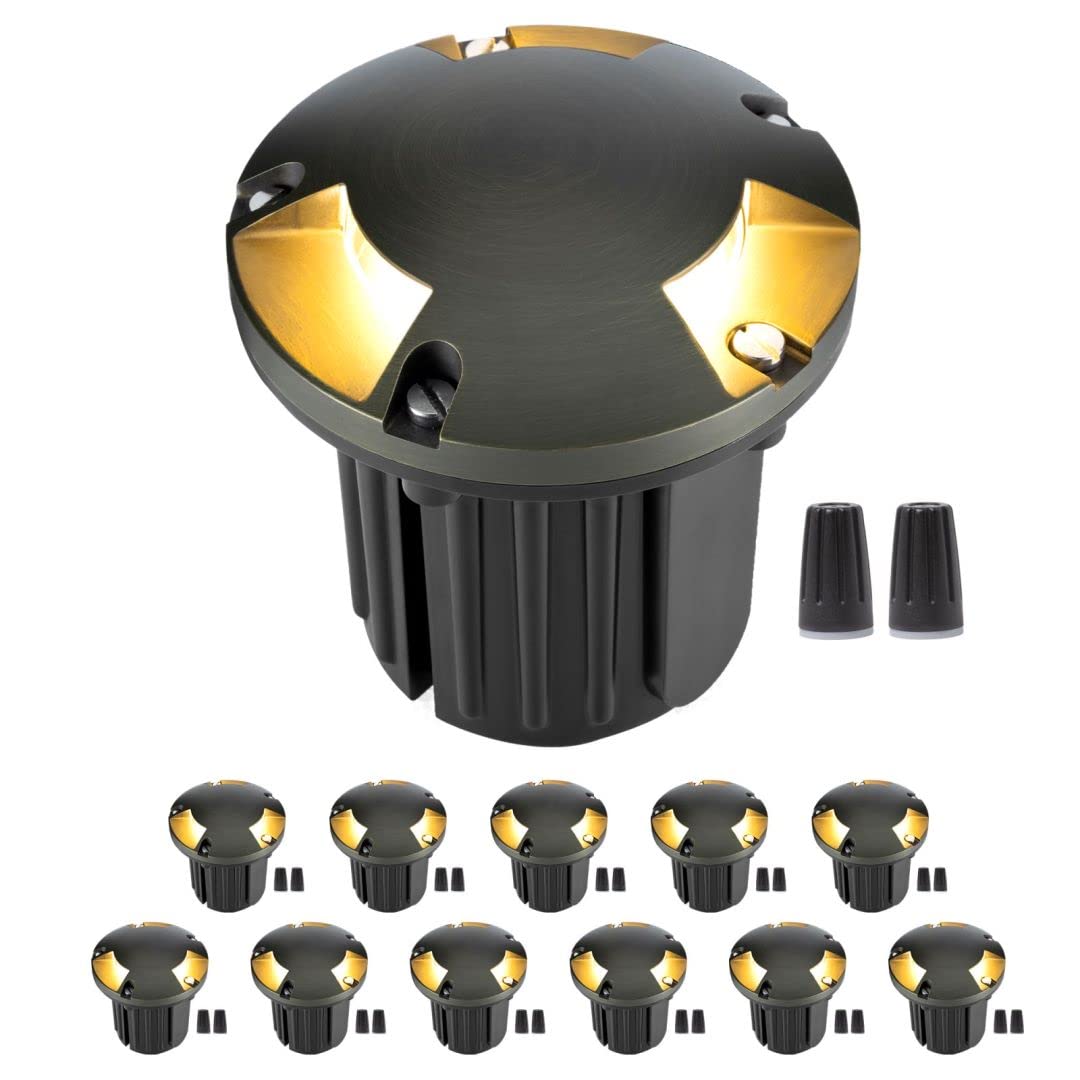 Gardenreet Landscape Well Lights - 12-Pack LED In Ground Lighting, Antique Brass, IP65 Waterproof, Hardwired, Low Voltage