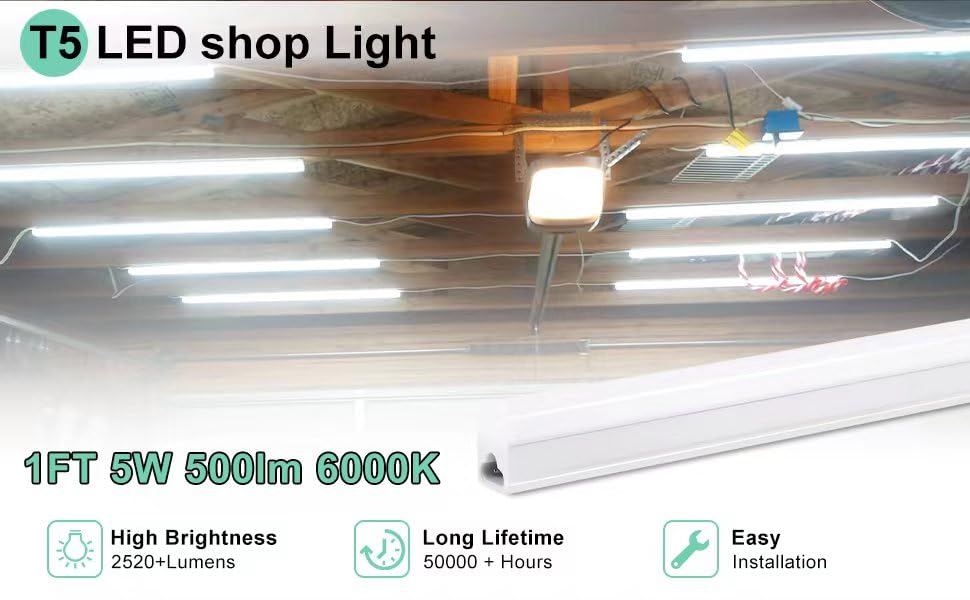 Aqiquut Under Cabinet Lights 1Ft,T5 5W 6500K Cool White 600Lm,Led Dressing Table Light 1 Foot With Plug,Linkable Under Cabinet L