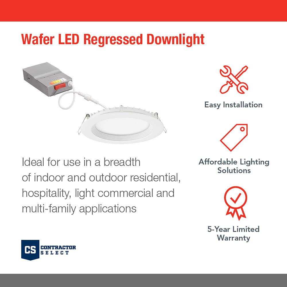 Juno Led Recessed Lighting 6 Inch Canless Wafer Downlight, Switchable Color Temperature 2700K/3000K/3500K/4000K/5000K, Shallow R