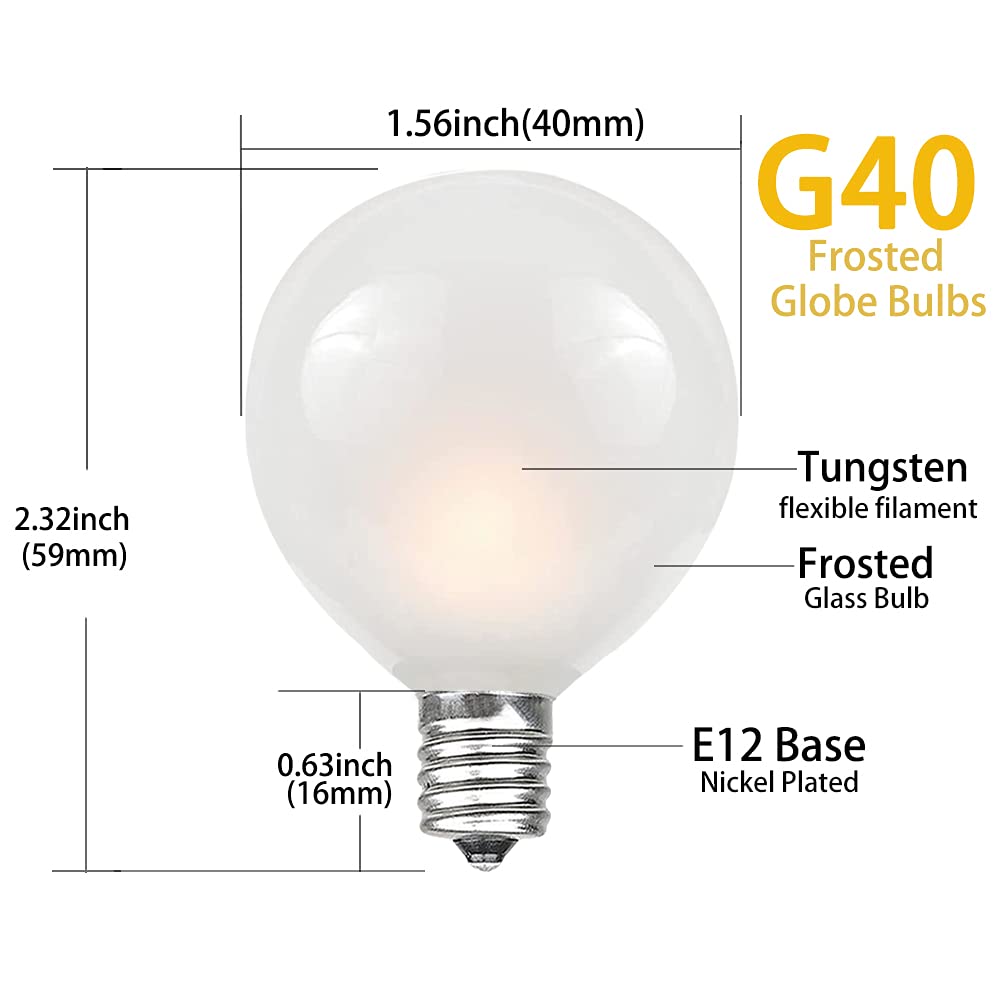 SUNSGNE G40 Globe String Lights, 25 Ft, Frosted White Bulbs, Waterproof, Connectable, White Wire for Outdoor Patio, Christmas, Party