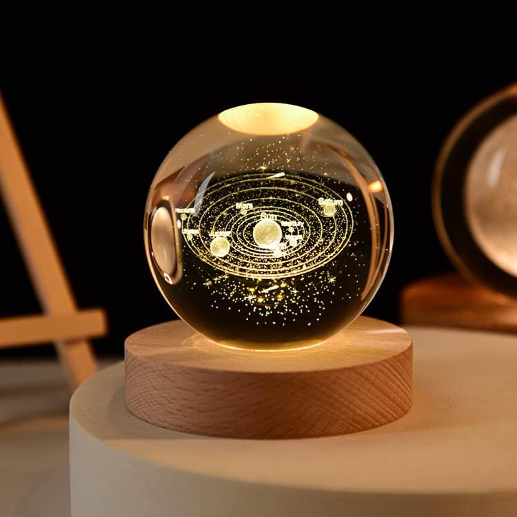 OPSUZY 3D Solar System Galaxy Crystal Ball Night Lamp - USB Table Colorful LED Wooden Crystal Ball for Home Decoration, Birthday