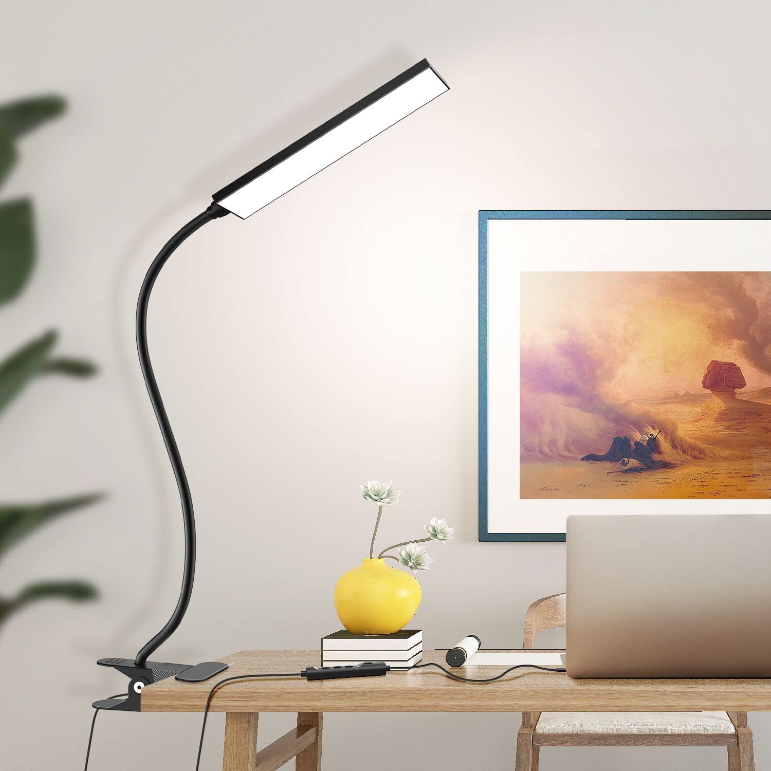 Vansuny Clip-On LED Desk Lamp, 5W Gooseneck Light with 11 Brightness Levels & 3 Color Modes, Black