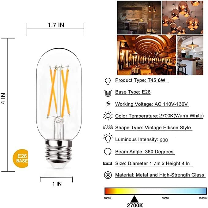 Notoc Dimmable E26 Led Light Bulb 6W,Equivalent 60W,E26 Tubular Light Bulb,Antique Clear Edison Filament Bulb 600 Lumens 2700K W