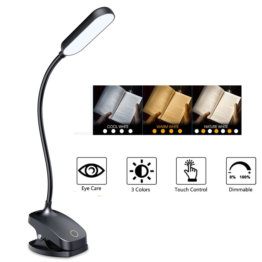 COLORLIFE Clip-On Desk Lamp - 7W Rechargeable Gooseneck Light, Stepless Brightness, Black, Model CL-DB01