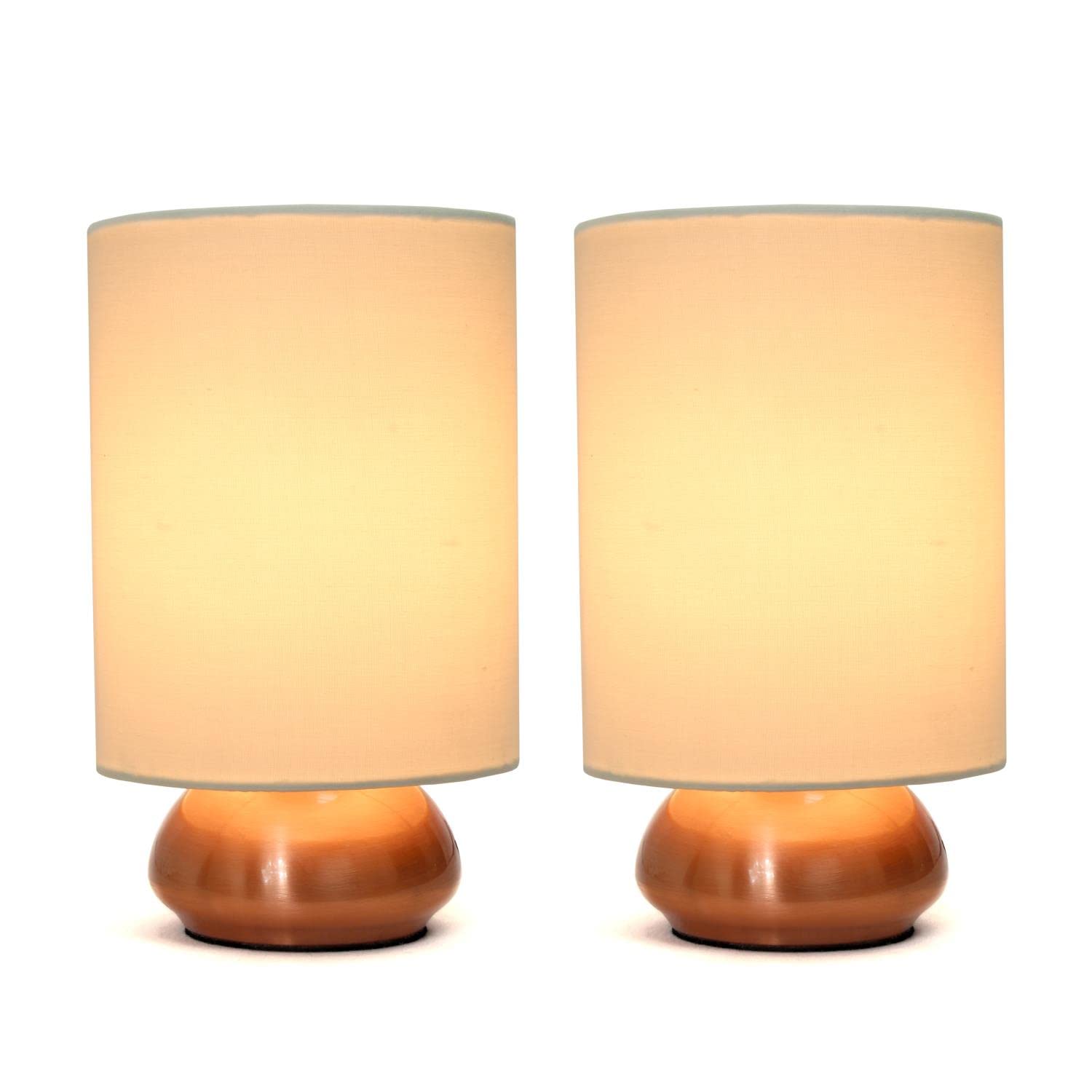 Simple Designs Touch Metal Mini Round Table Lamp Set, 9in, Rose Gold Base with Cream Shades, Model LT2016-CRM-2PK, 4 Settings