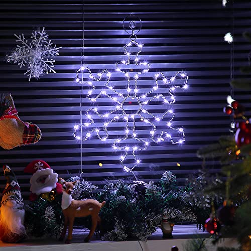 Hiboom 2 Pack 12" Cool White Snowflake Window Lights with LED String, Battery Powered, 8 Modes for Christmas Indoor Decor, Model CW-Hiboom-31051