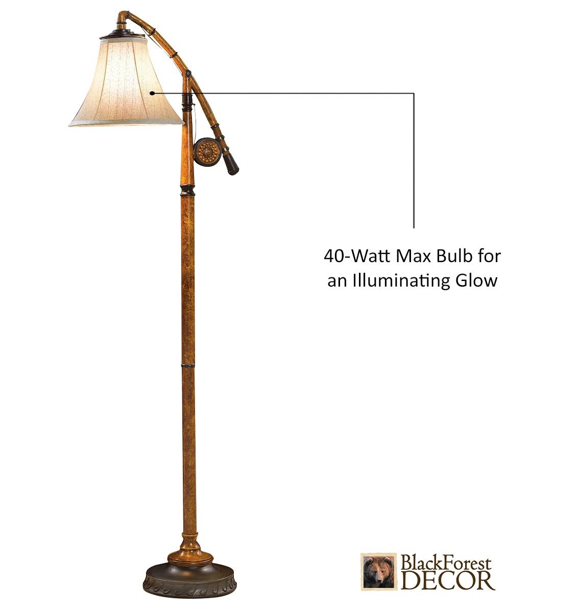 Black Forest D?Or - Fishing Pole Floor Lamp With Linen Shade, Cast Resin Construction - Vintage Lakeside Style - 19'' W X 63'' H