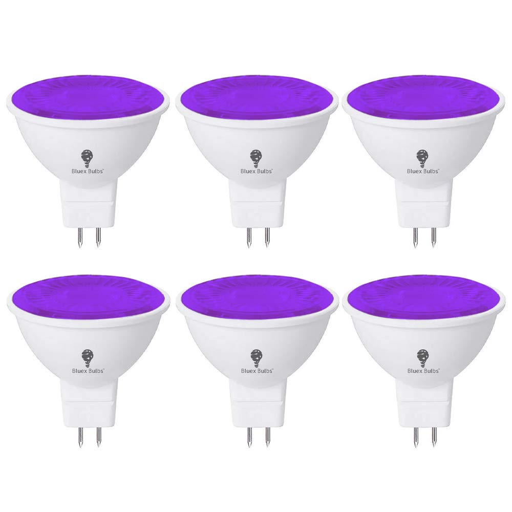 BlueX 6 Pack LED MR16 Purple Light Bulb - 6W (50Watt Equivalent) - GU5.3 Bi-Pin Base 12V, Party Decoration, Porch, Home, Holiday