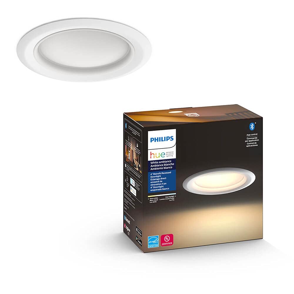 Philips Hue White Ambiance Smart Retrofit Recessed Downlight 4'', Bluetooth & Zigbee Compatible (Hue Hub Optional), Smart Ceilin