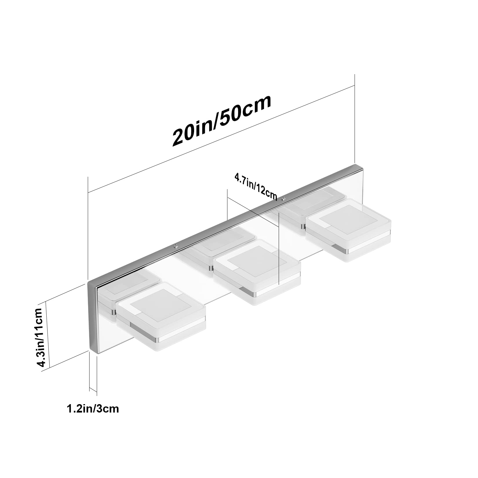 Ralbay 3-Light Modern LED Vanity Light Fixtures, Chrome Stainless Steel, Rotatable Acrylic, Model 8596, Bathroom Over Mirror Lighting