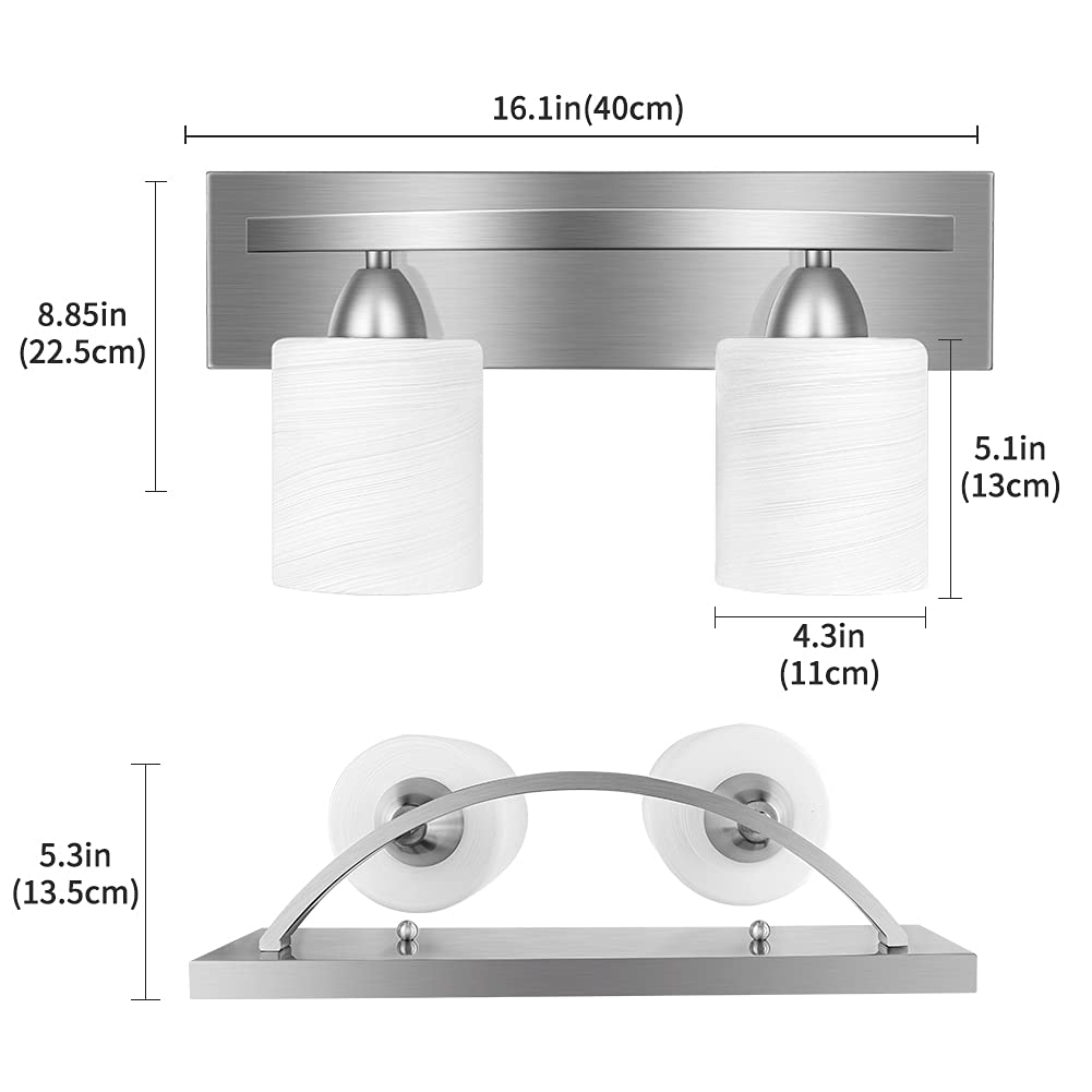 PARTPHONER Bathroom Vanity Light Fixture - 2-Light Modern Glass Shade - Brushed Nickel - Model WS003PA