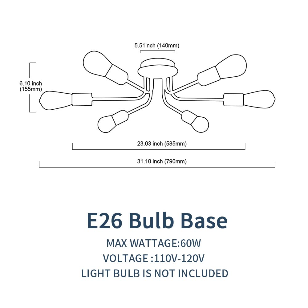 Tuluce Semi Flush Mount Ceiling Light Fixture 6-Light Modern Sputnik Chandelier Lighting Black Vintage Metal Ceiling Lamp E26 Li