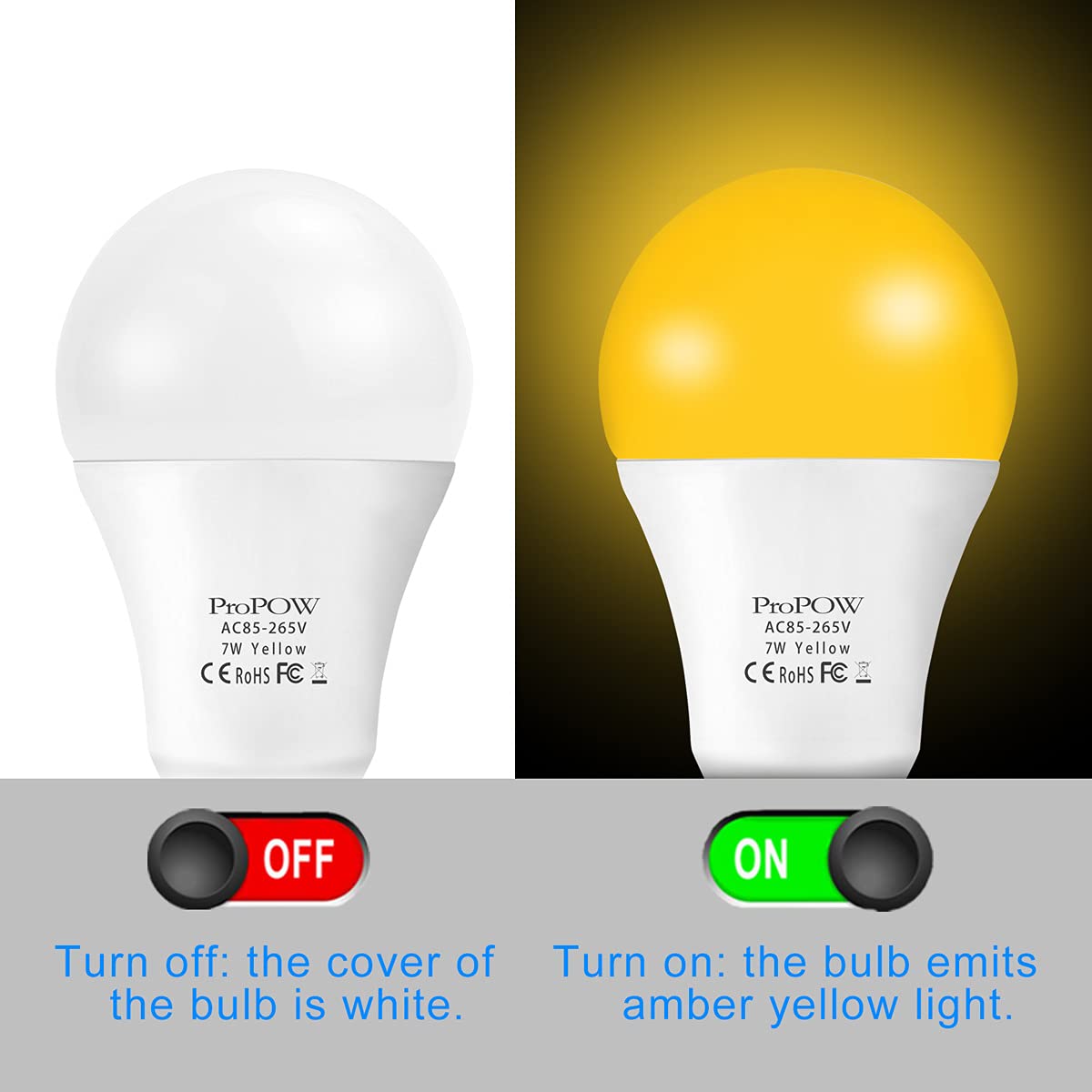 Propow Yellow Bug Light Bulb, 7W Dusk To Dawn Bug Light Bulbs 40W Equivalent Light Sensor Bulb A19 Smart Auto On/Off Led Bulbs O