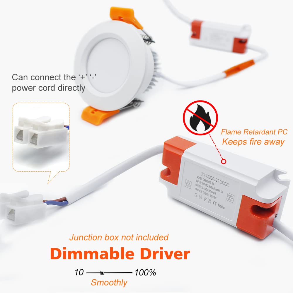 2 Inch Led Downlight, Recessed Lighting Dimmable Ceiling Light, 3W, 3000K Warm White, Cri80 With Led Driver(35W Halogen Equivalent), 4 Pack