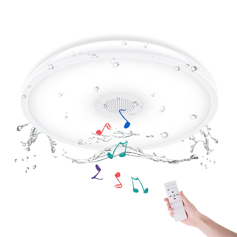HOREVO 18W LED Bathroom Ceiling Light Fixture with Bluetooth Speaker, Waterproof IP65, Remote Control, White, Model B022