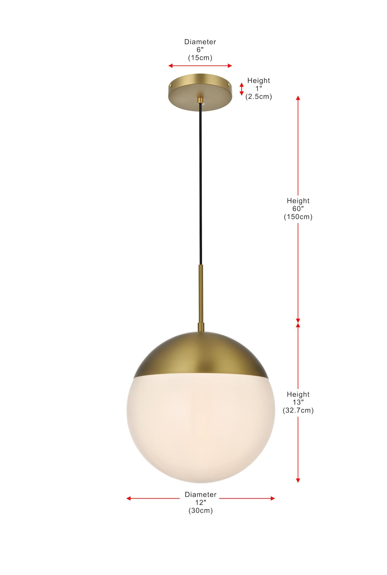Elegant Lighting Brass/White 1-Light Pendant, Glass & Metal, Modern Ceiling Fixture