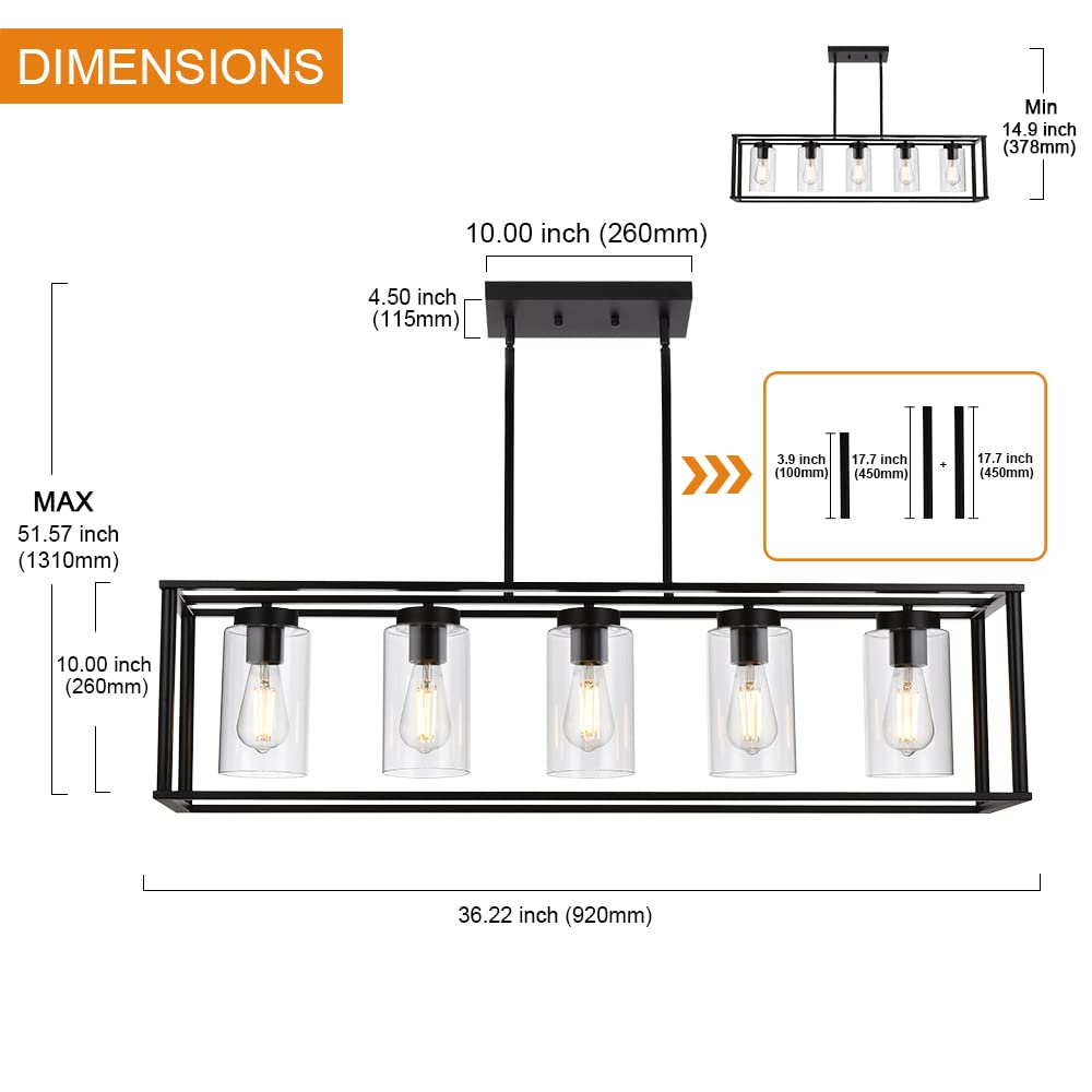 VINLUZ Farmhouse Black 5-Light Chandelier - Metal Kitchen Island Pendant Light with Glass Shade, Model 1811-5-BL