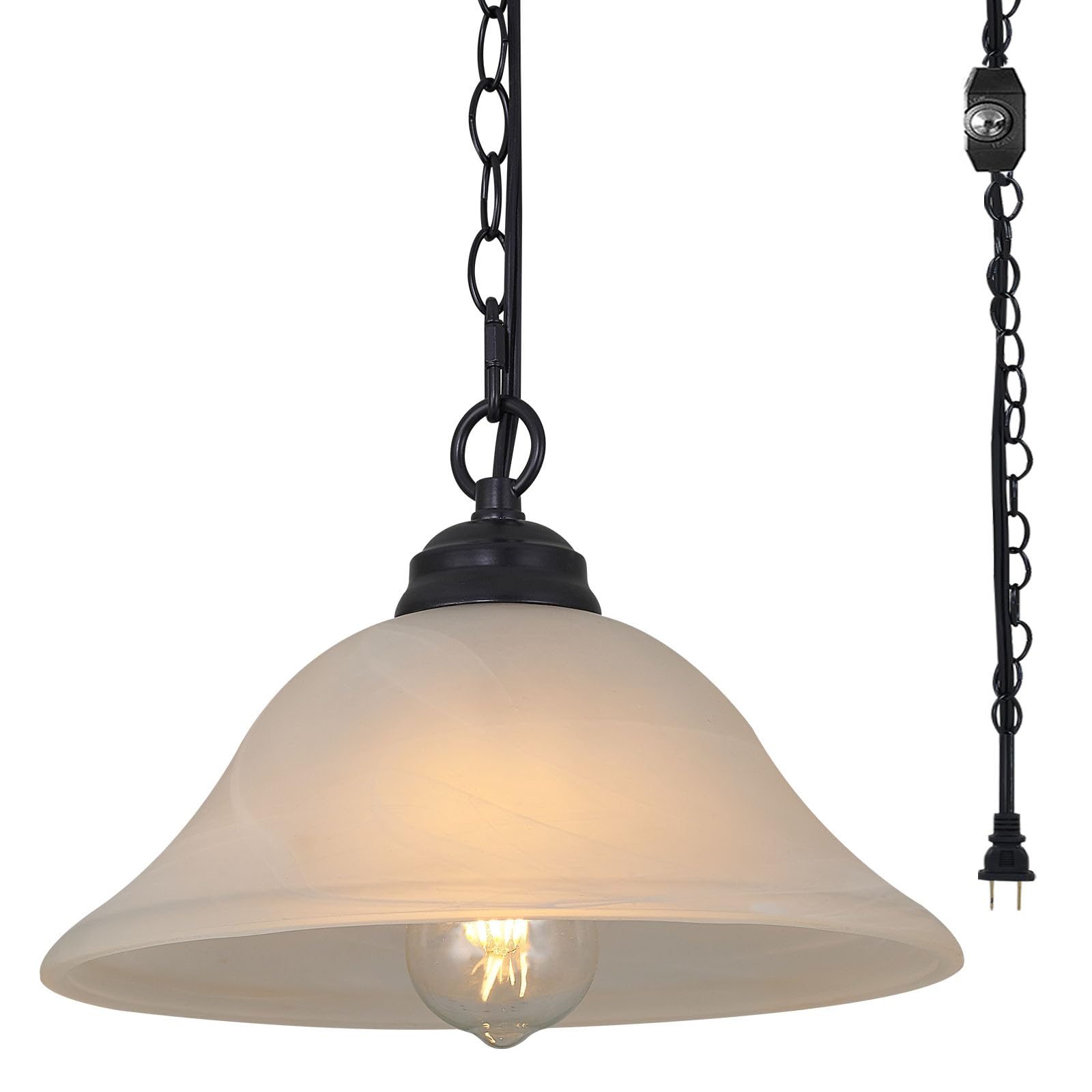 SHENGQINGTOP Plug in Pendant Light Alabaster Glass Shade 15.7'' D Hanging Lamp with On/Off Switch,16.4Ft Cord & 14.7Ft Chain Dim