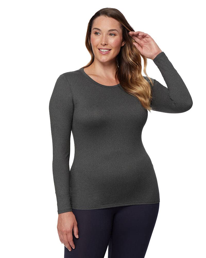 32 Degrees Womens Lightweight Baselayer Crew Top  Long Sleeve  Form Fitting  4-Way Stretch  Thermal, Charcoal Heather, Small