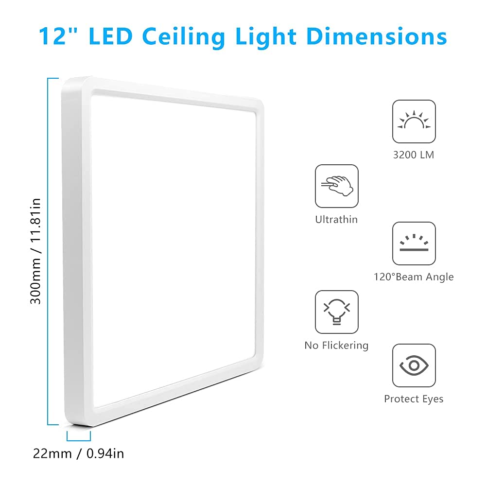 LightingWill 12-Inch 24W LED Ceiling Light Fixture, Daylight White, Plastic, Flush Mount for Bedroom, Kitchen, Bathroom