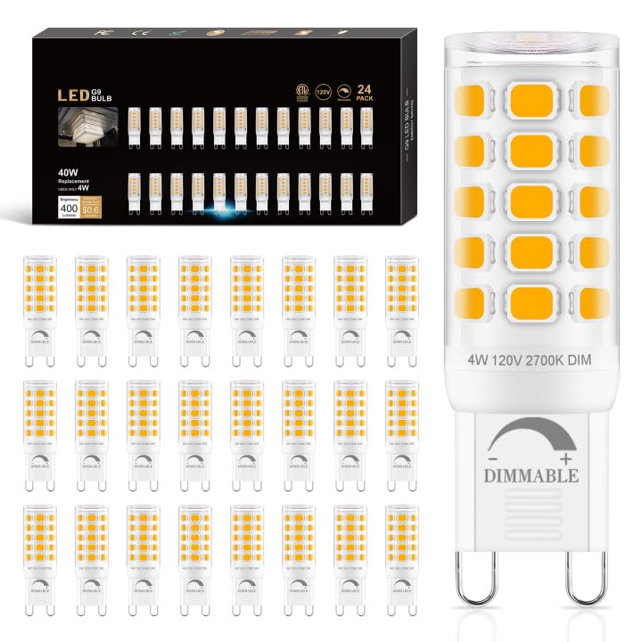 Sailstar G9 LED Bulb Dimmable 2700K Soft Warm White 24 Pack, T4 G9 4W Replacement for 40 Watts Halogen, Ceramic Bi Pin Base, 120V 400 Lumen 360°Beam Angle, G9 Light Bulbs for Chandelier