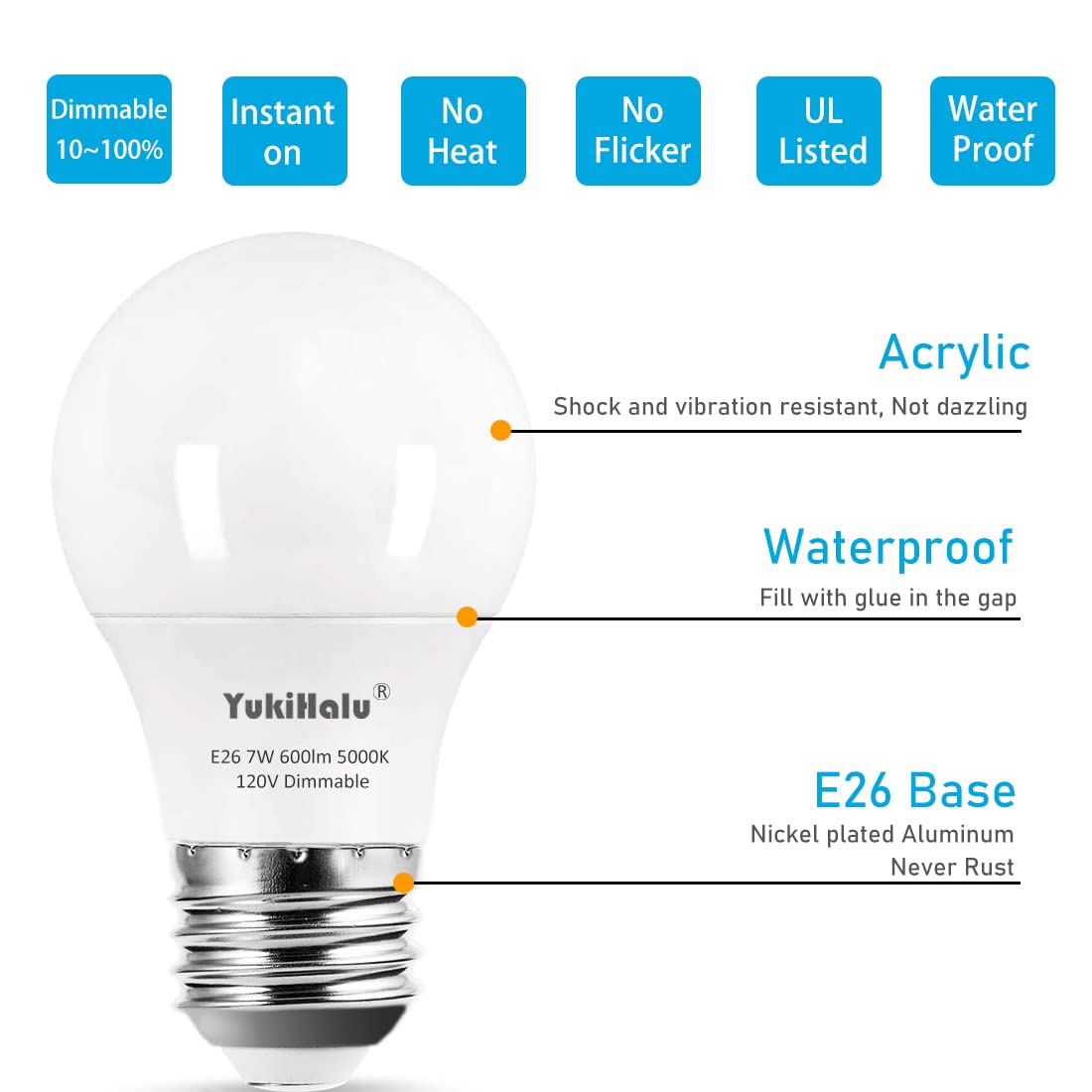 YukiHalu Dimmable A15 LED Light Bulbs, 60W Equivalent, 600 Lumens, E26 Base, 4 Count, 5000K Daylight White, UL