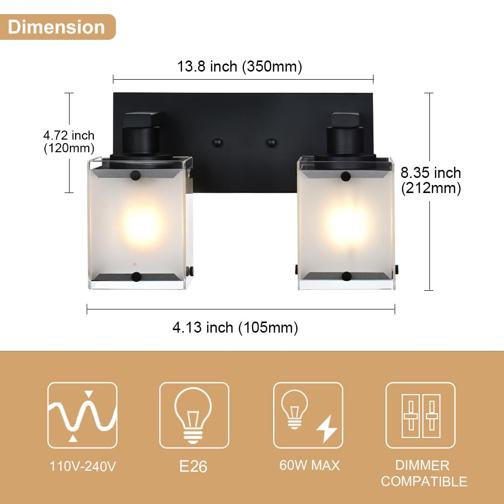 WINSHEN 2-Lights Wall Sconce, Brushed Nickel, Frosted Glass, Model 2WSN-XOTFZO, Bathroom Vanity Light Fixture for Over Mirror