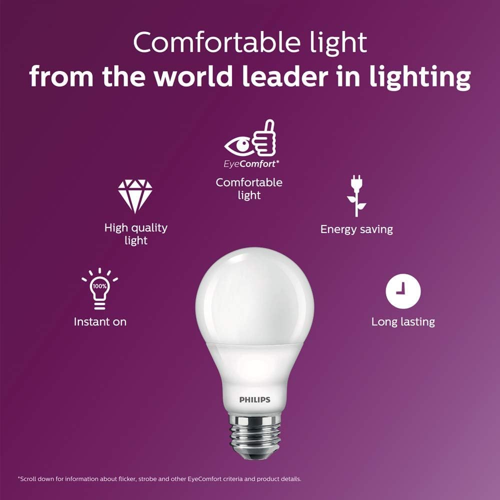 Philips Led Dimmable A19 Light Bulb With Warm Glow Effect 800-Lumen, 2200-2700-Kelvin, 9.5-Watt (60-Watt Equivalent), E26 Base,