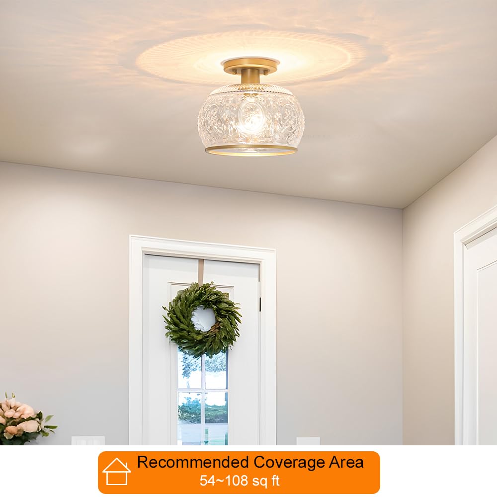 Oiyio Gold Semi-Flush Mount Ceiling Light With Globe Glass - Vintage Ceiling Lighting For Hallway, Kitchen, Entryway, Bathroom &