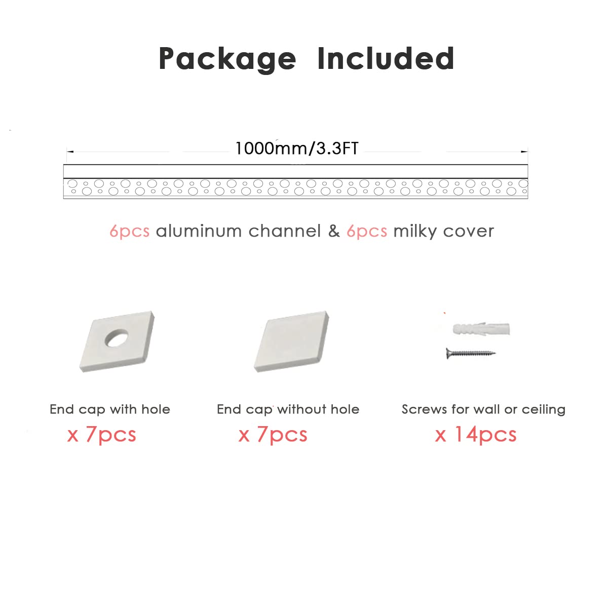 Besseto 6 Pack Plaster-in LED Channel, 3.3FT Aluminum Trimless Profile, Silver with Milky Diffuser & End Caps, Model BES-ALP1M-LDS