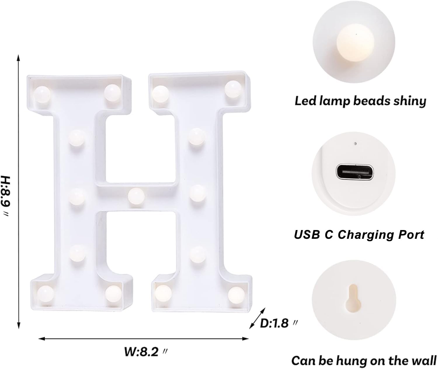Foaky LED Letter Lights Sign, Rechargeable Marquee Night Light, H Size, Warm Plastic, Ideal for Party & Home Decoration