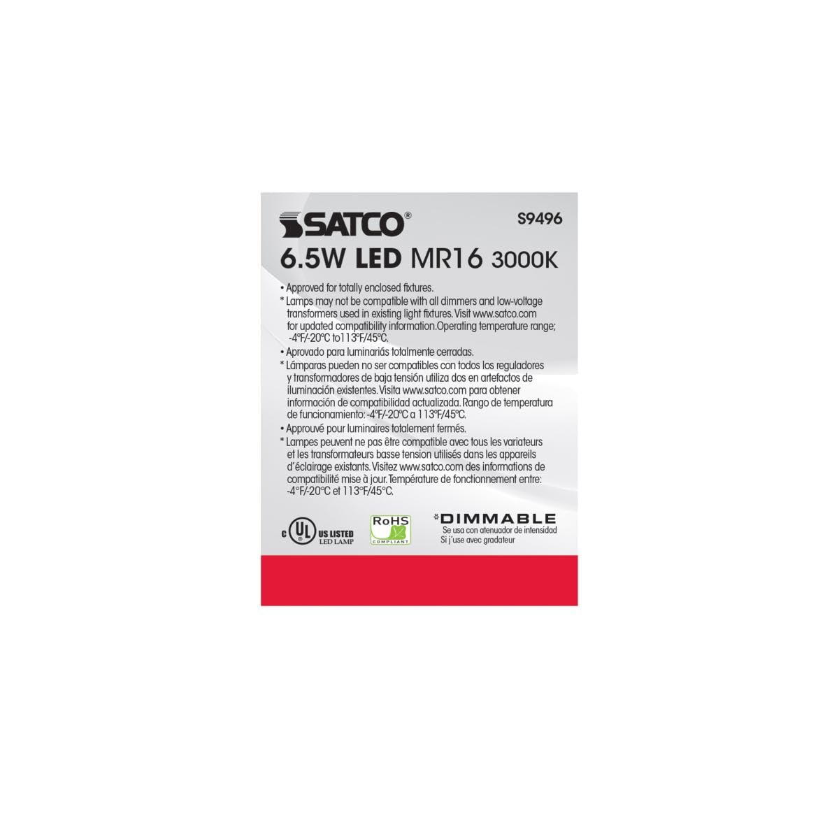 Satco MR16 LED Light Bulbs, Dimmable, 3000K, 40° Beam Angle, GU5.3 Base, 12V AC/DC, 6 Pack, Warm