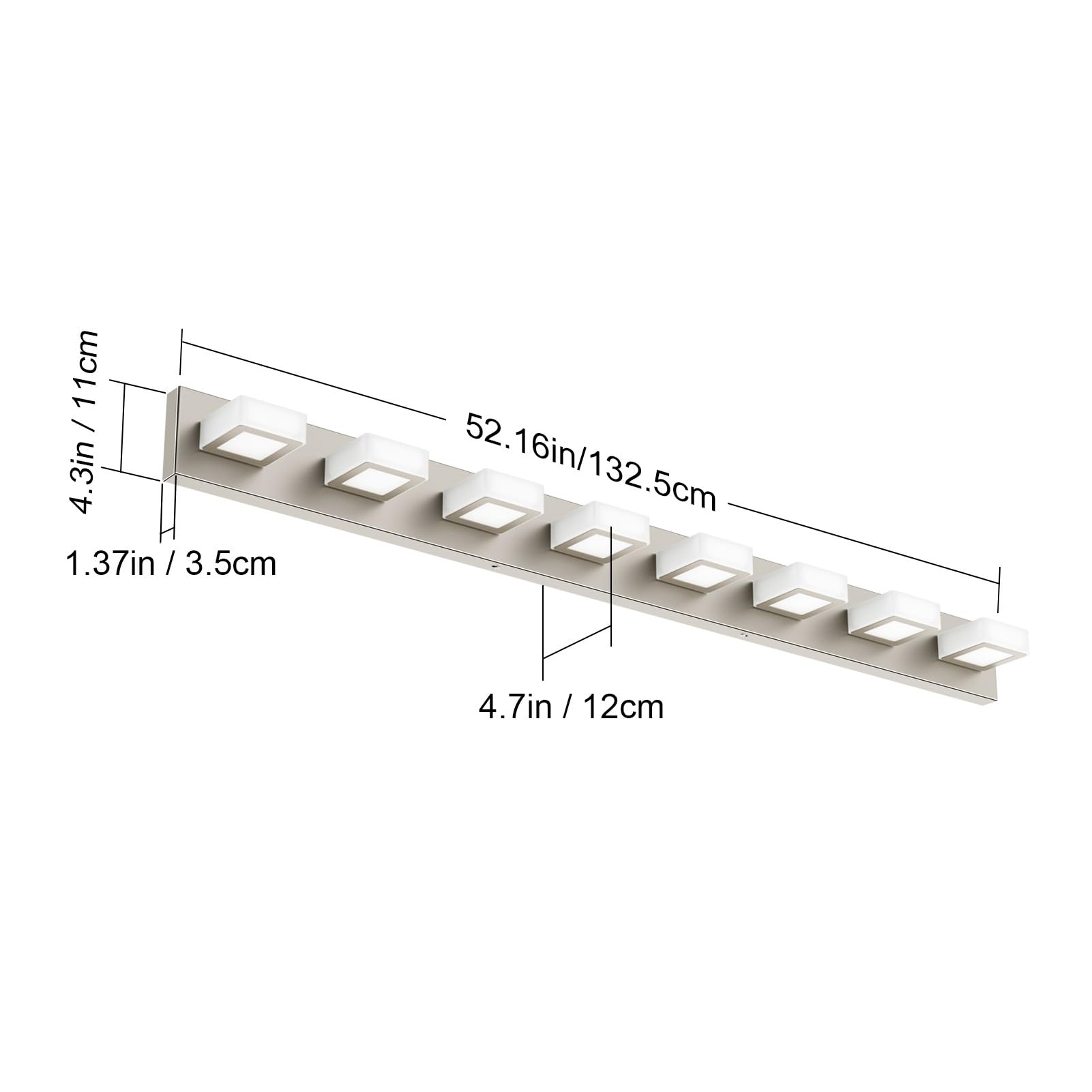 Ralbay 8-Light Brushed Nickel Bathroom Vanity Lights, Metal & Acrylic, 52 Inch, Modern Wall Lighting Fixtures Over Mirror