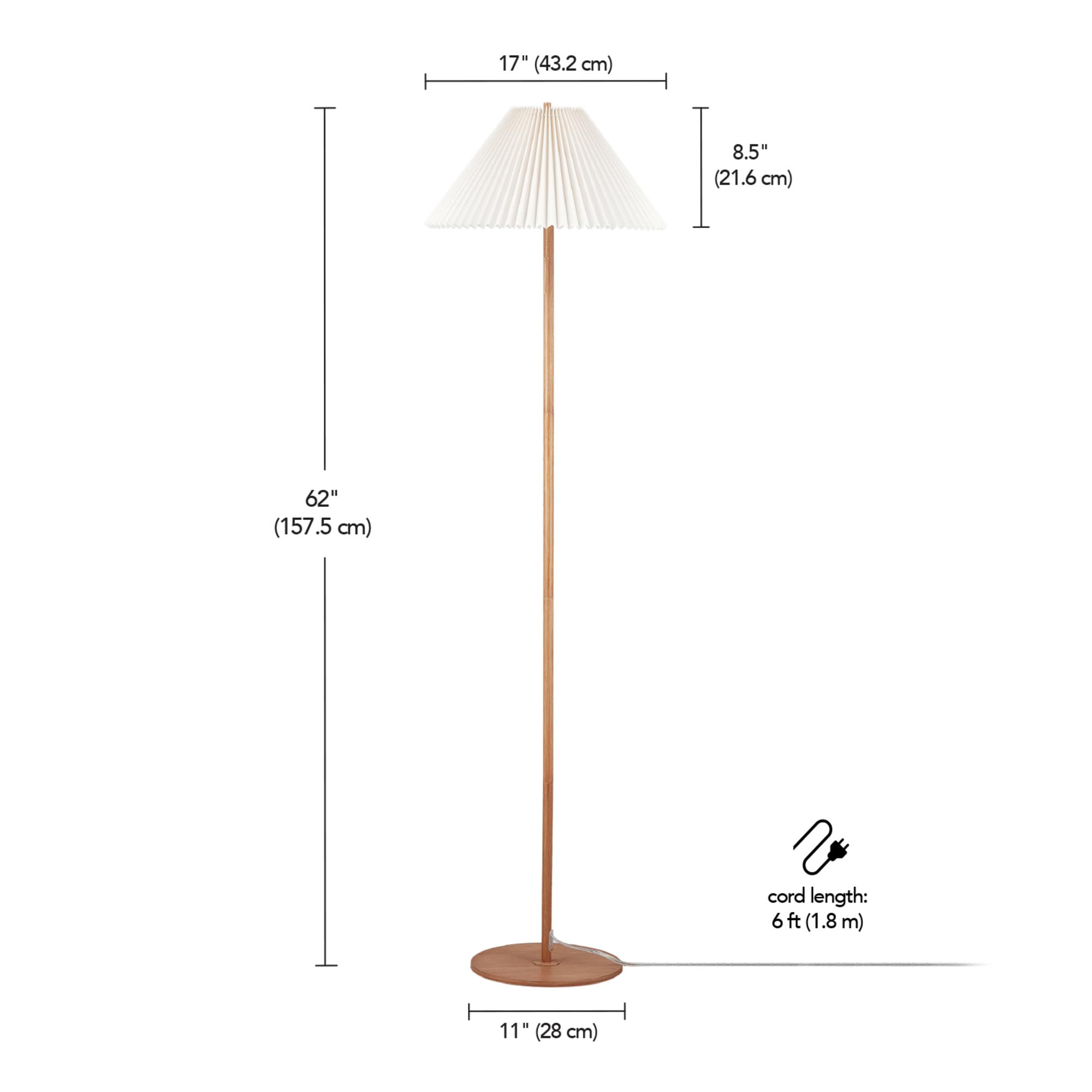 Globe Electric 61000053 62'' Floor Lamp, Wood Toned, Pleated Fabric Shade, Flat Base, Pull Chain Switch On Socket, Reading Light