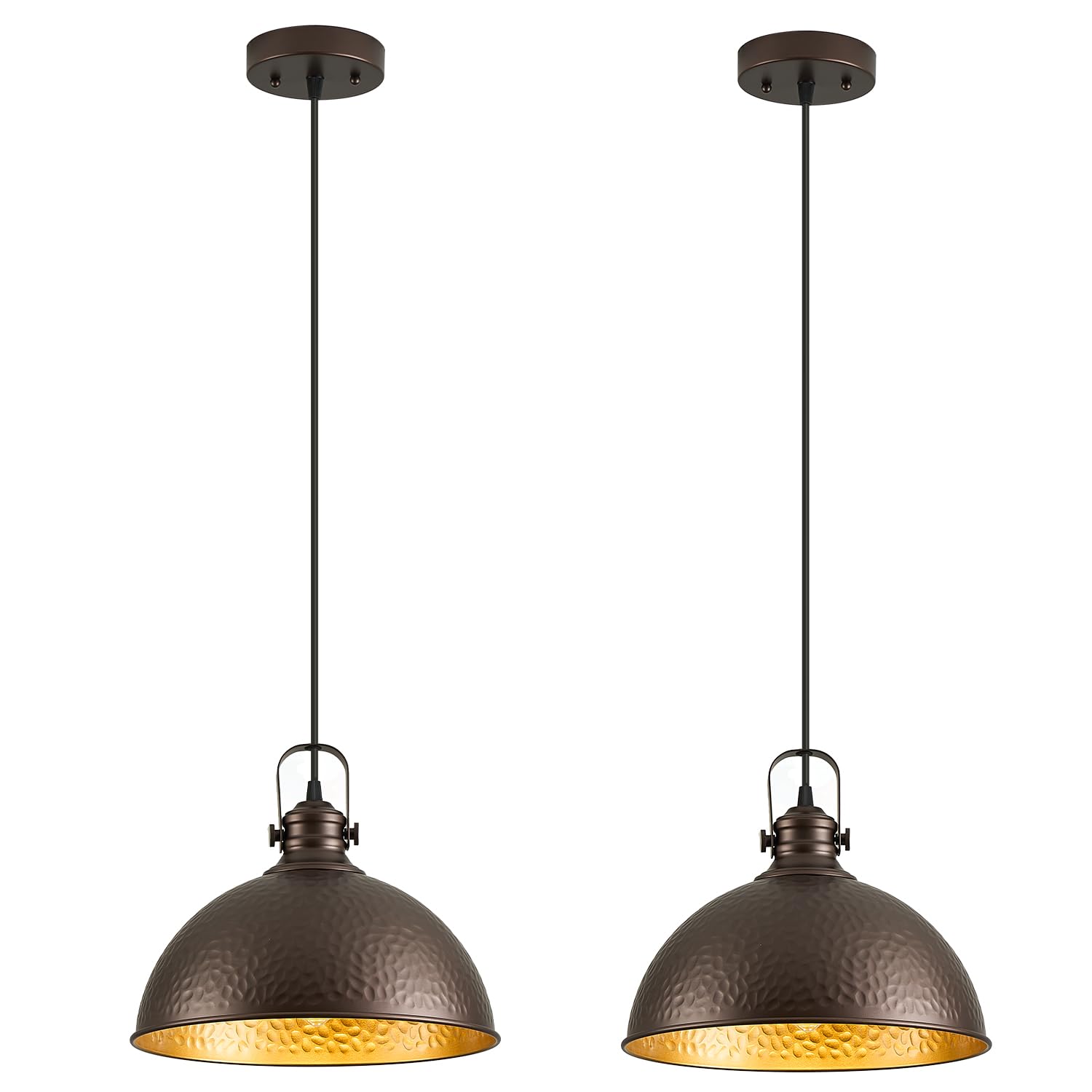 Refice Farmhouse Pendant Lights, Hammered Metal Shade, Oil Rubbed Bronze, 2 Pack, Adjustable Height, Model FCD005-2-ORB