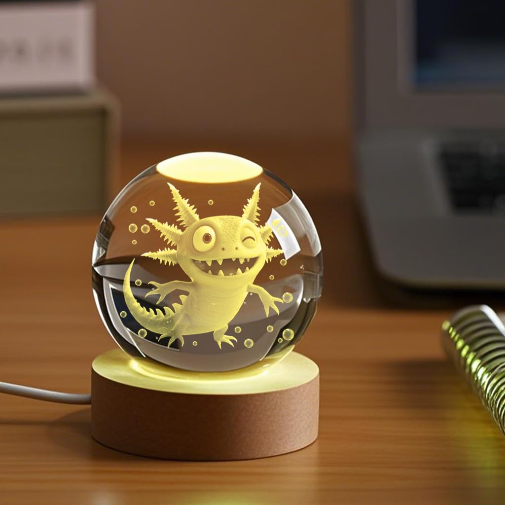 YouerCrystal Axolotl 3D Crystal Ball Night Light, 60mm, K9 Glass, Axolotl Color, Perfect for Kids Birthday Decor