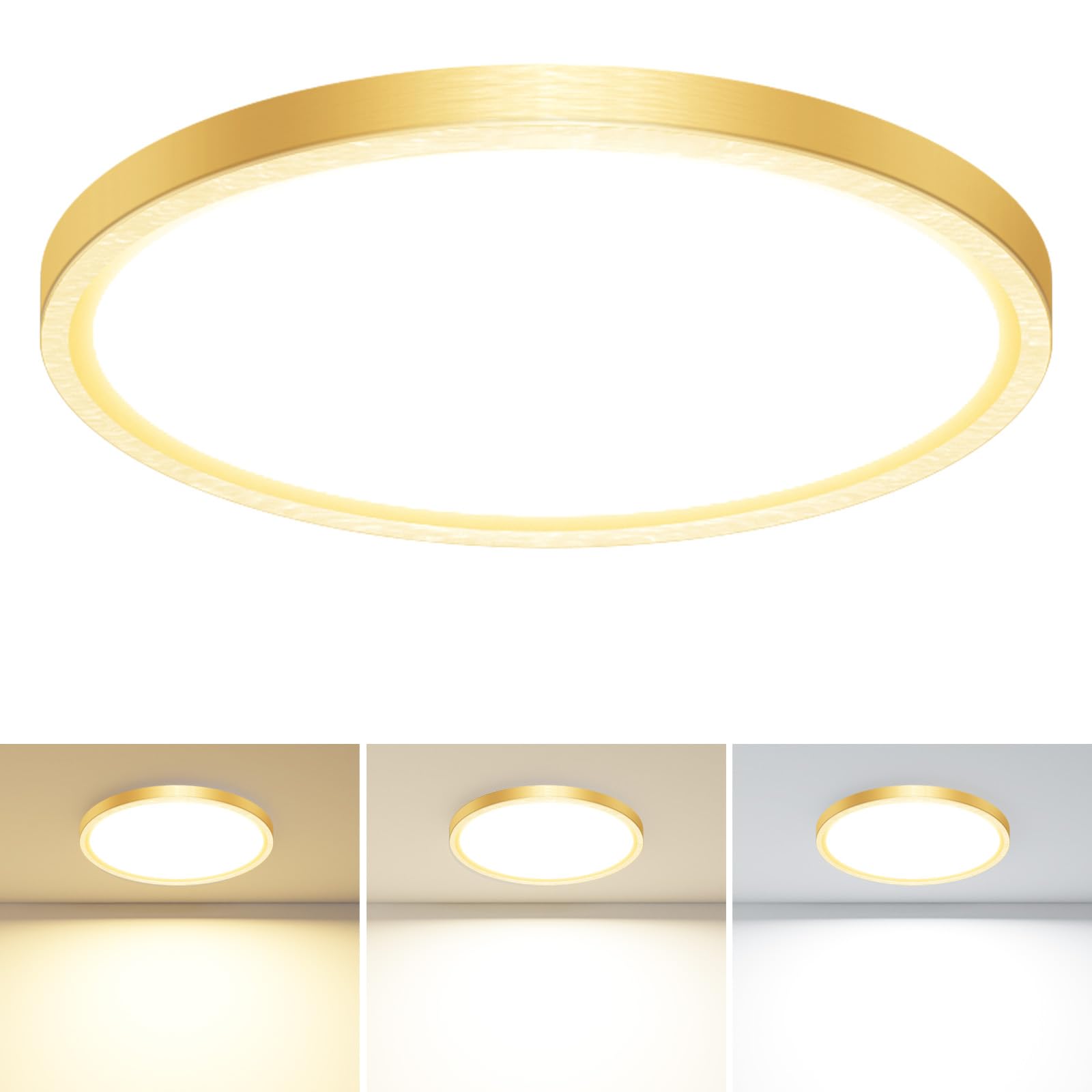 slochi LED Flush Mount Ceiling Light Fixture, 24W 3200Lm, 12 Inch, Gold, Modern Design for Kitchen, Bathroom, and Laundry
